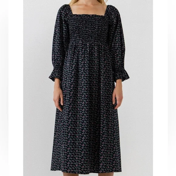 English Factory - Floral Smocked Midi Dress Black / M